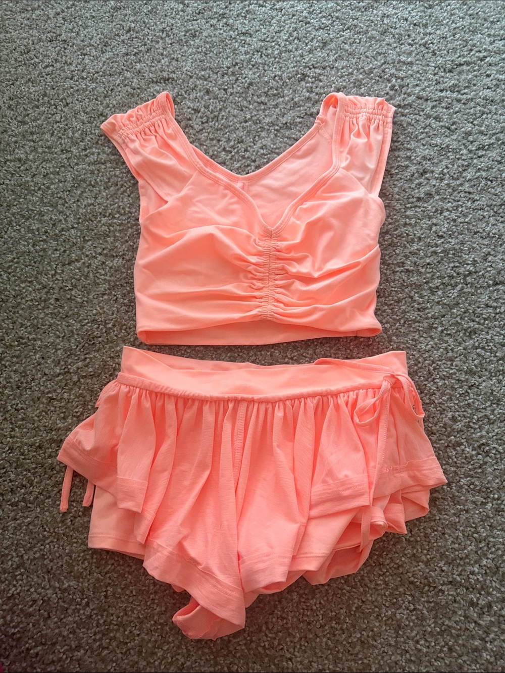 FP Movement by Free People Coral Peach Ruched Crop Top & Ruffle Short Set